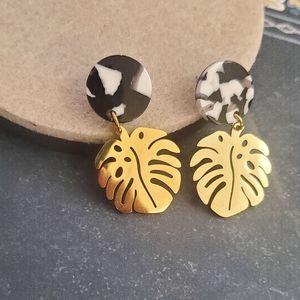Golden Leaf black and white stainless steel gold plated earrings for women